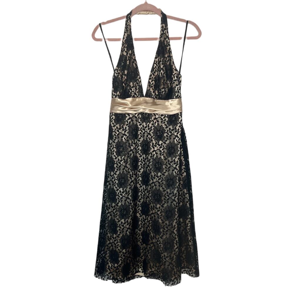 Erica Michelle Ltd. Black Lace Champagne Satin Halter Cocktail Dress Size 10
